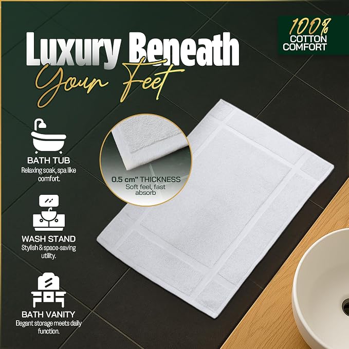 Pearl Linens Pack of 6 100% Cotton Bath Mat Towels, 20x30 inches, Soft & Absorbent Floor Towels for Bathroom, Not Bathroom Rugs, After Shower Mat, 687 GSM, Machine Washable, Airbnb Essentials, White