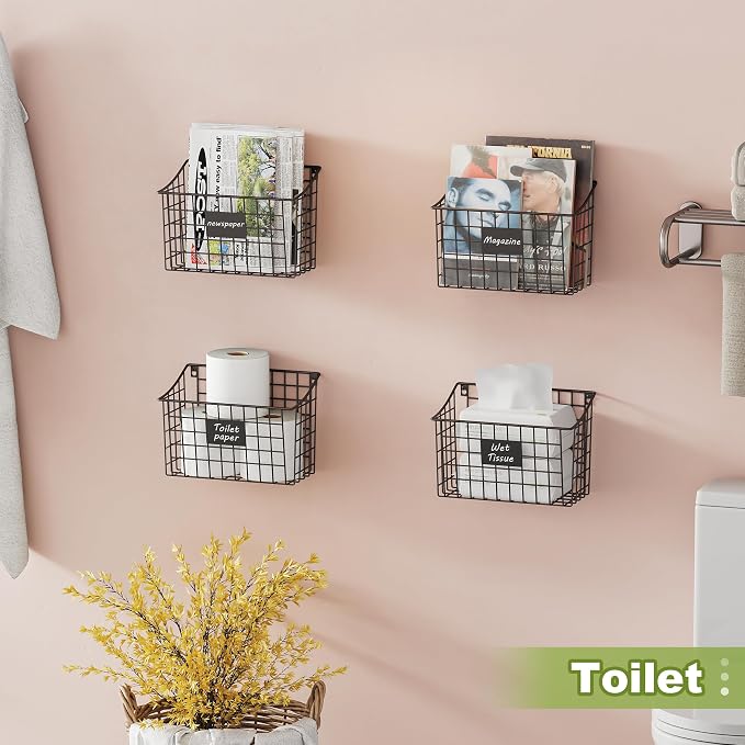 Wall Basket with Label Plate & 5 S-Hooks –4 Pack Hanging Wire Basket for Organizing, Wall Storage for Kitchen, Bathroom, Pantry, Laundry, RV – Hanging Wall Basket, Metal