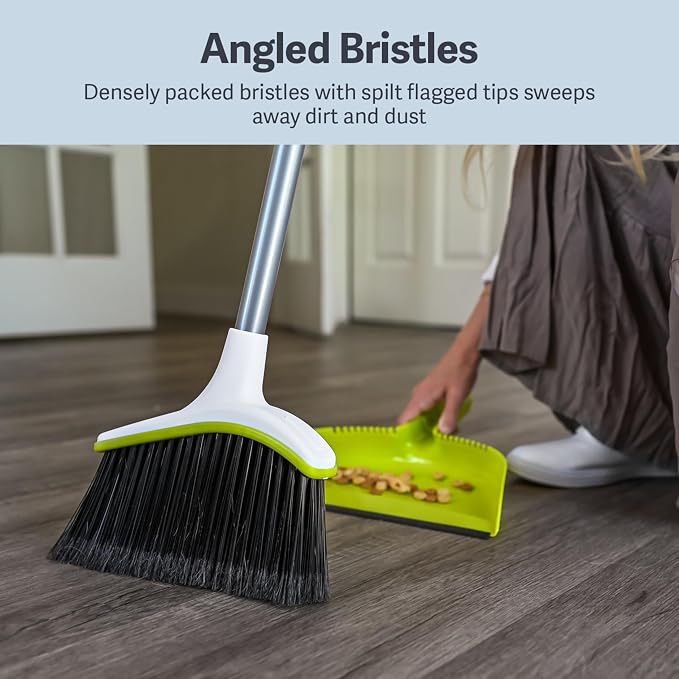 Casabella Basics 2-Piece Angled Broom and Dustpan Set, 44" Angled Broom with Long Handle and Dustpan, Silver/Green