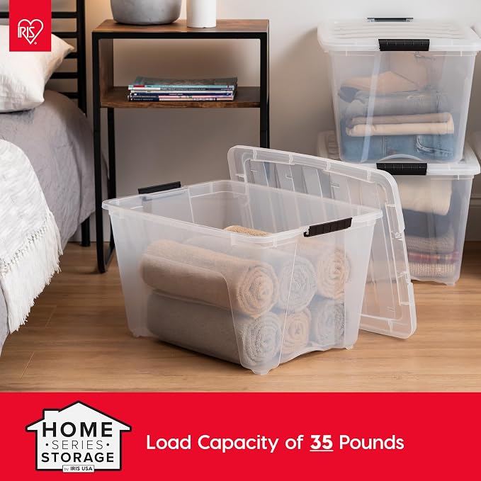 IRIS USA 54 Qt Stackable Plastic Storage Bins with Lids, 6 Pack - BPA-Free, Made in USA - See-Through Organizing Solution, Latches, Durable Nestable Containers, Secure Pull Handle - Clear