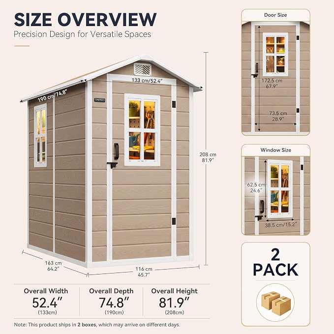 DWVO Outdoor Storage Shed 4.4×6FT, Plastic Garden Shed with 2 Windows | Resin Outdoor Tool Shed with Floor, Door Handle & Lock, Vents for Backyard Patio, Stores Bike Garden Tools, Beige