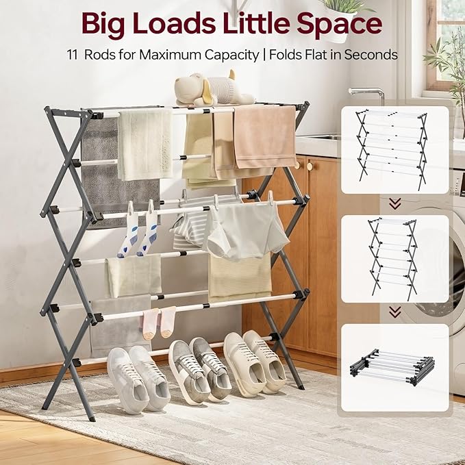 APEXCHASER Large Clothes Drying Rack, Metal Expandable Laundry Rack, 44.88" Height, Adjustable Width 20.87-35.43in, Space Saving Foldable, Indoor Outdoor Use for Laundry, Towels, Shoes, Grey White