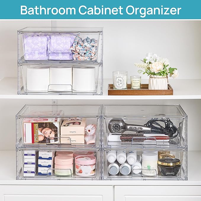 Vtopmart 8 Pack Stackable Storage Bins,Easily Assemble Clear Acrylic Bathroom Undersink Organizers,Plastic Storage Box for Kitchen Pantry,Medicine Organization