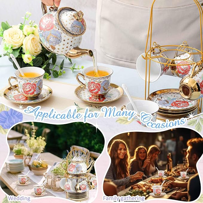 Zhehao 20 Pcs Porcelain Tea Set with Metal Holder and Spoon Adult Ceramic Tea Set European Flower Painting Teapot Cup Saucer Spoon for Women Mom Gift, Large Version (Romantic Style)