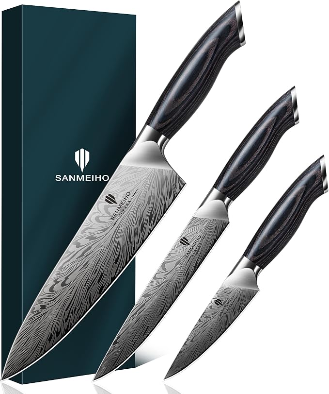 3PCS Kitchen Knife Set,Chef Knife Sets in Powder Steel | Ultra Sharp Japanese Knives Set High Carbon Steel Knives Sets, Cooking Knives Set with Ergonomic Pakkawood Handle