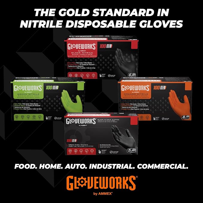 GLOVEWORKS HD Orange Nitrile Disposable Gloves 8 Mil Raised Diamond Texture 1000