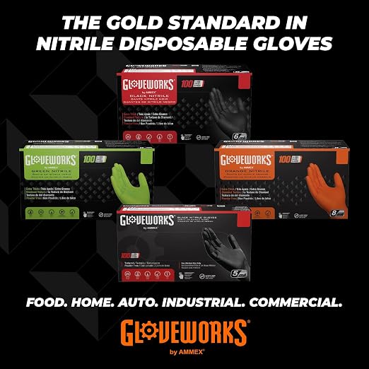 GLOVEWORKS Orange Nitrile Work Gloves, 8 Mil Disposable Heavy Duty, Raised Diamond Grip Mechanic Glove, Small, Case of 1000