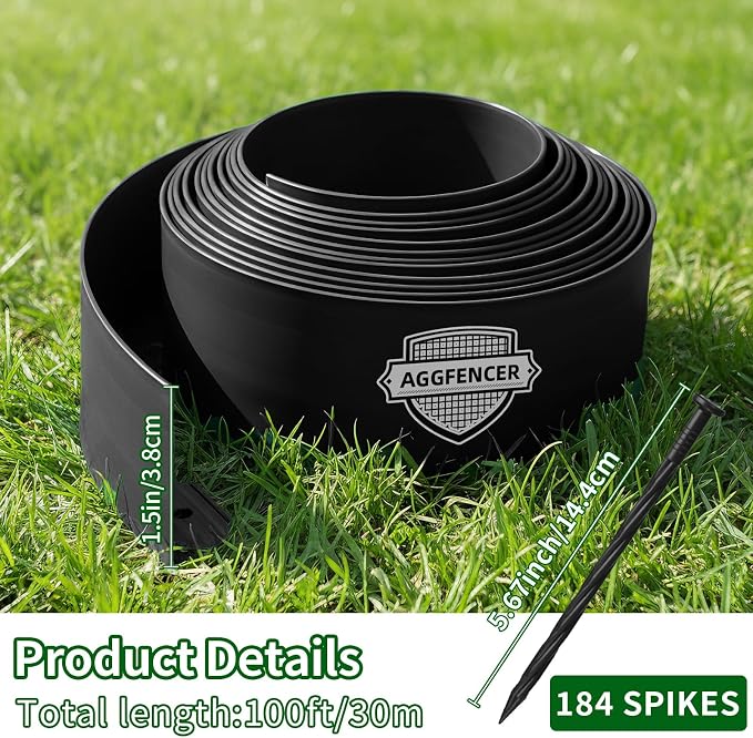 AggFencer Landscape Edging 1.5in Garden Edging Borders No Dig 100ft | Flexible Landscaping Edging Kit for Flower Bed Lawn Yard Grass Green with 184 Pcs Spikes