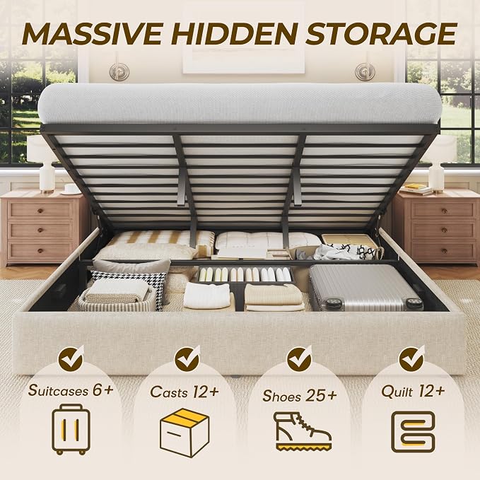 HISOFT King Size Lift Up Storage Bed Frame, Linen Upholstered Platform Bed with Wingback Headboard, Heavy Duty Hydraulic Gas Lift Underbed Space, Reinforced Full Metal Slats, Noise Free, Beige