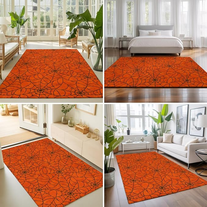 Large Area Rug 5'x7', Orange Halloween Washable Rectangular Area Rugs for Living Room Bedroom Office, Black Spiders Net Classic Gingham Non Slip Kitchen Rug Mats Indoor Floor Accent Throw Carpet