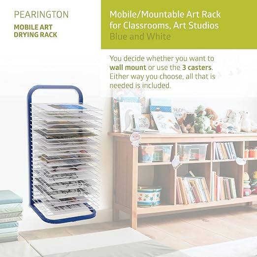 Pearington 25-Shelf Mobile/Wall Mountable Art Drying Rack for Art Studios & Classrooms, 13" D x 17.5" W x 39.4" H, Blue/White, 2-Pack