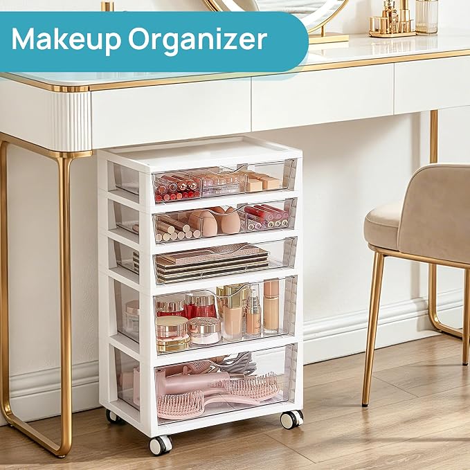 Vtopmart Plastic Drawer Storage Rolling Cart with Wheels, 5-Tier Drawer Organizer for Art Crafts Supplies, Home Office Supplies, Toys, Under Desk Storage for Office, Craft Room, Bedroom, Classroom