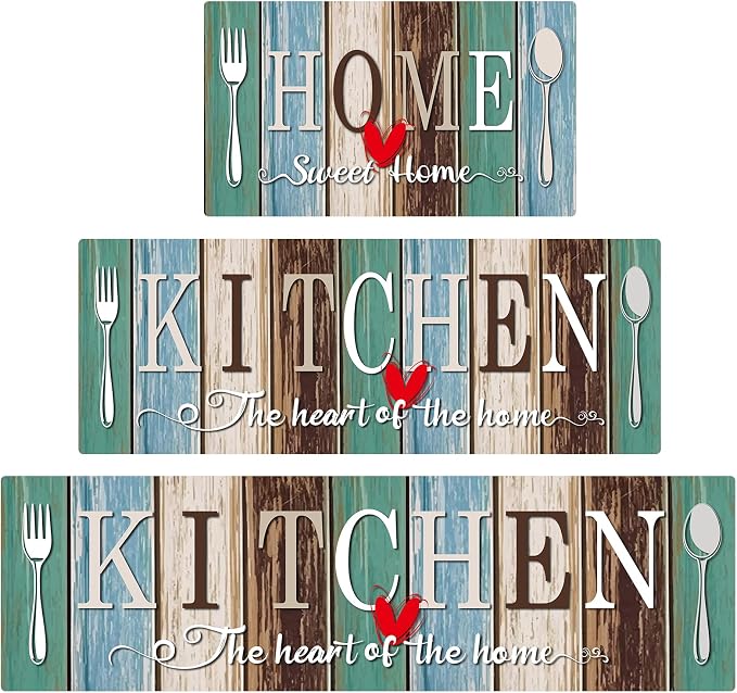 Kitchen Rugs Set 3 Piece, Non Slip Kitchen Mats for Floor, Soft Fabric with Rubber Backing, Farmhouse Anti Fatigue Runners Carpet for Home Kitchen Laundry Room Hallway (Rustic Teal Brown)