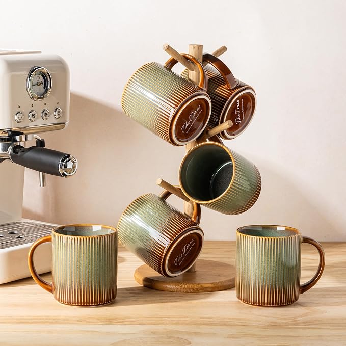 theterra Ceramic Coffee Mugs Set of 6, 14.2oz Handmade Coffee Cups with Handle for Latte, Tea, Milk, Beer, Hot Cocoa, Sage Umber