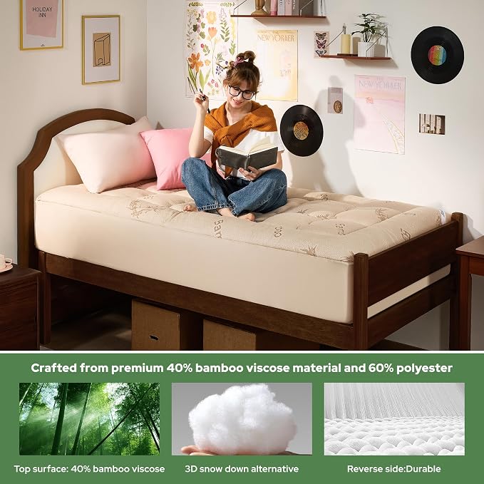 BEDLORE Twin XL Mattress Topper Viscose Derived from Bamboo, Thick Pillow Top Mattress Pad with Deep Pockets for 6-15 inches Mattress, Soft Mattress Topper College Dorm Size for Back Pain(Beige)