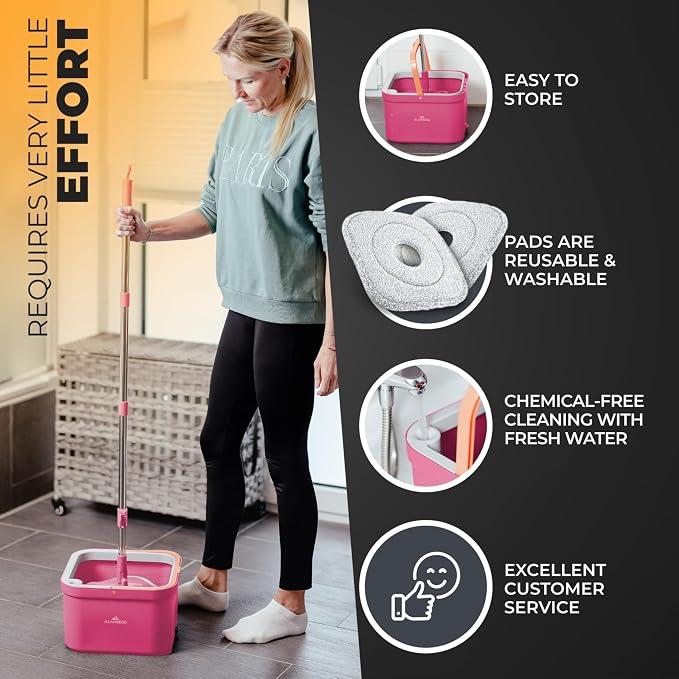 Spin Mop and Bucket Set with Wringer – Dual-Chamber Self Wringing Mop, Flat Microfiber Mop for Hardwood, Tile & Vinyl Floors, 2 Washable Replacement Heads, 63" Handle, Pink