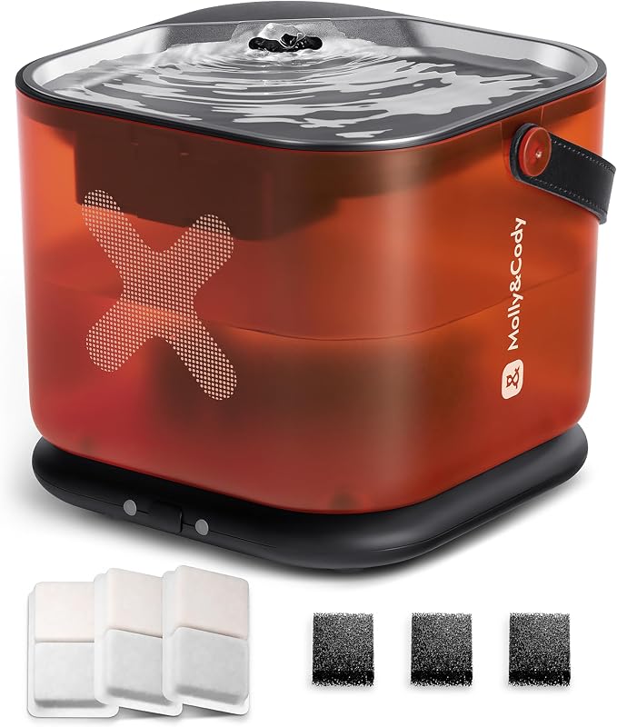 Molly&Cody Cordless Cat Water Fountain, 3L/101oz Pet Fountain Rechargeable Battery with Motion Sensor Separate Tank & Power Base Ultra Quiet Stainless Steel Tray for Cats & Dogs(3 Filters Included)