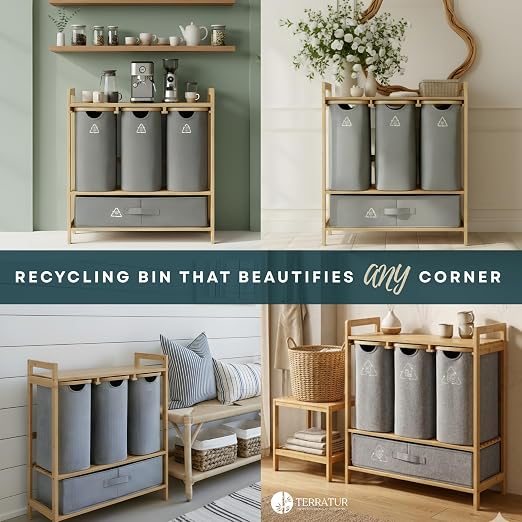 4 Section Recycling Bin for Kitchen – Trash and Recycle Bin Combo for Paper, Plastic, Cans – Indoor Recycling Station – Large Kitchen Trash Can – Office Trash and Recycle Bin Organizer
