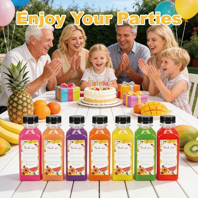100 Pack 12oz Clear Reusable Plastic Juice Bottles with Caps, Food Grade BPA-Free Leak Proof Juicing Containers with 108 Labels & brush& Silicone Funnels for Homemade Juice, Smoothies & Travel