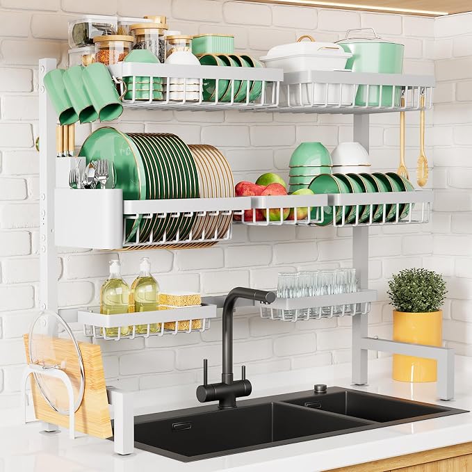 Kitsure Adjustable Over The Sink Dish Drying Rack, 31.5" -39.4" x 30.3" | Sink Drying Rack for Kitchen Sink, Dish Rack Over Sink with Cutlery & Utensil Holders, Kitchen Storage, White