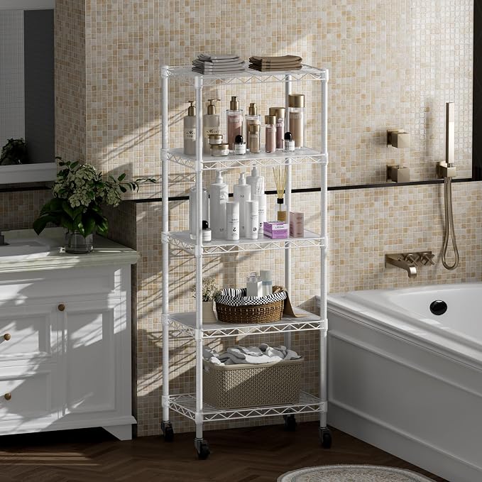 SINGAYE 5 Shelves Storage Shelf Wire Shelving Unit Metal Adjustable Wheels | Small Shelf Storage with Wheels Organizers Closet Unit for Bathroom Laundry Room Kitchen Pantry11.5D x 17.5W x 57H White