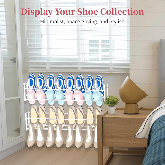 3 Pack Wall Mounted Shoe Rack for Narrow Spaces, Hanging Shoe Rack Holds 24 Pairs, 17"-30"Adjustable Heavy Duty Wall Shoe Storage with 6 Storage Hooks, Space Saving for Closet Entryway Door, White