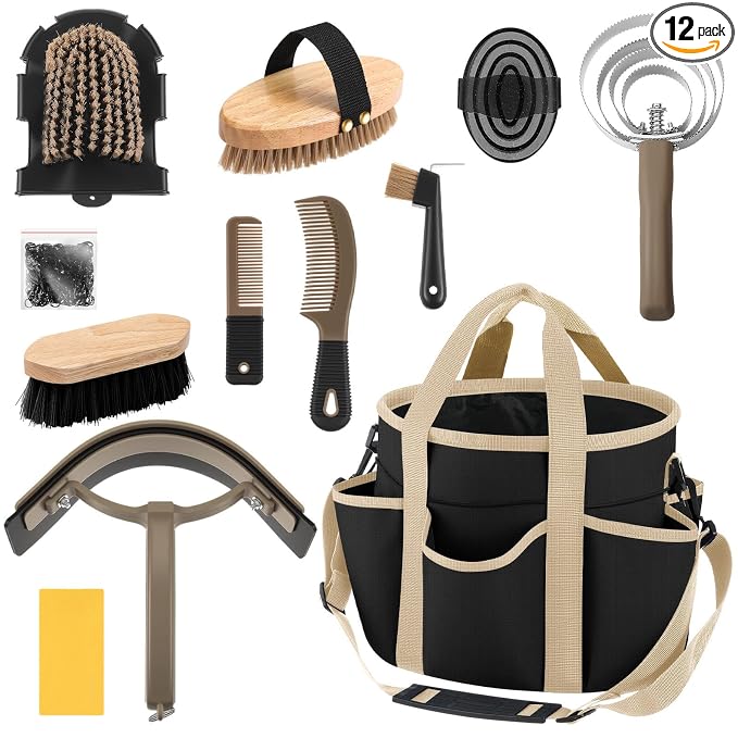 Abbylike 12 Piece Horse Grooming Kit with Organizer Tote Bag Brush Sets for Derby Day Show Horses Professional Tools for Care & Massage(Black and Dark Grey)