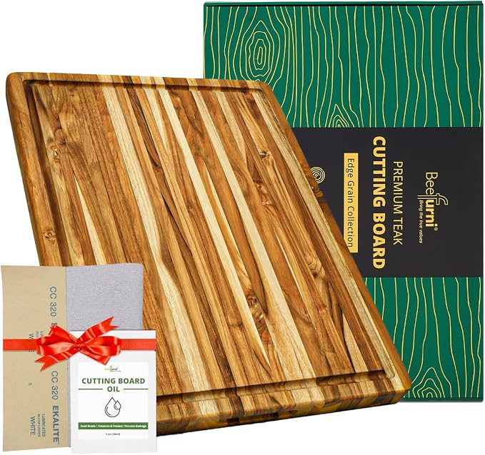 Large Teak Wood Cutting Board with Juice Groove (22x16x1.25", L) | Durable large wooden cutting board for kitchen, butcher block, serving board, charcuterie platter. Gift box included
