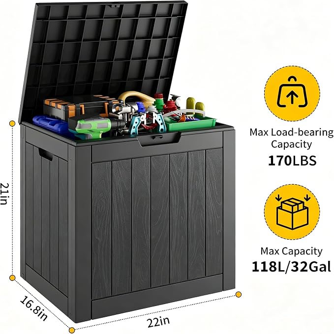 Deck Box, 32 Gallon Resin Indoor and Outdoor Storage Boxes Waterproof for Garden Tools, Pool Accessories Storage Bench, Patio Furniture and Cushions with Lockable Lid, Black
