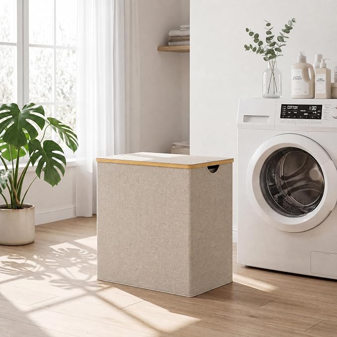 efluky Laundry Hamper with Lid, Double Laundry Basket with 2 Removable Bags, 2 Section Laundry Bin with Bamboo Handles for Bathroom, Bedroom & Laundry Room, 140L (36.9 Gallon) Oat