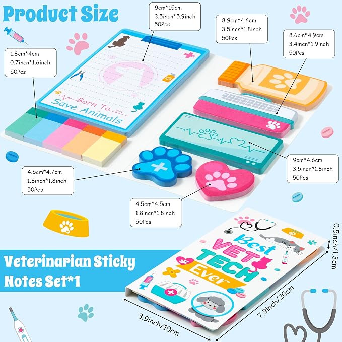 Xqumoi Best Vet Tech Sticky Notes Set - 550 Sheets Vet Self-Stick Note Pads Save Animal Divider Tabs Bundle Writing Memo Pad Back to Pet Party School Office Supplies Appreciation Gift for Veterinarian
