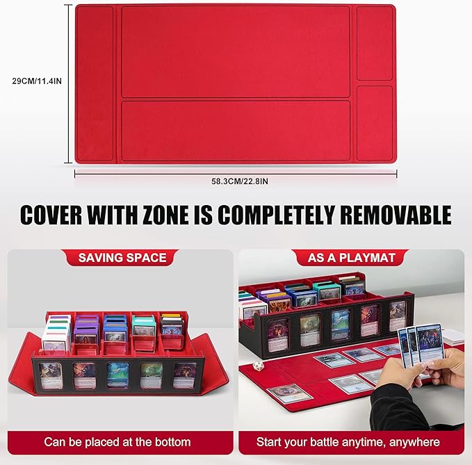 Trading Card Storage Box with Commander Display , 5-Row Deck Case with Removable Lid; 3900+ Card Deck Box for MTG TCG Sports Card, 5 Top Loaders, 5 Stoppers, 48 Dividers,1 Dice Tray (Black Red)