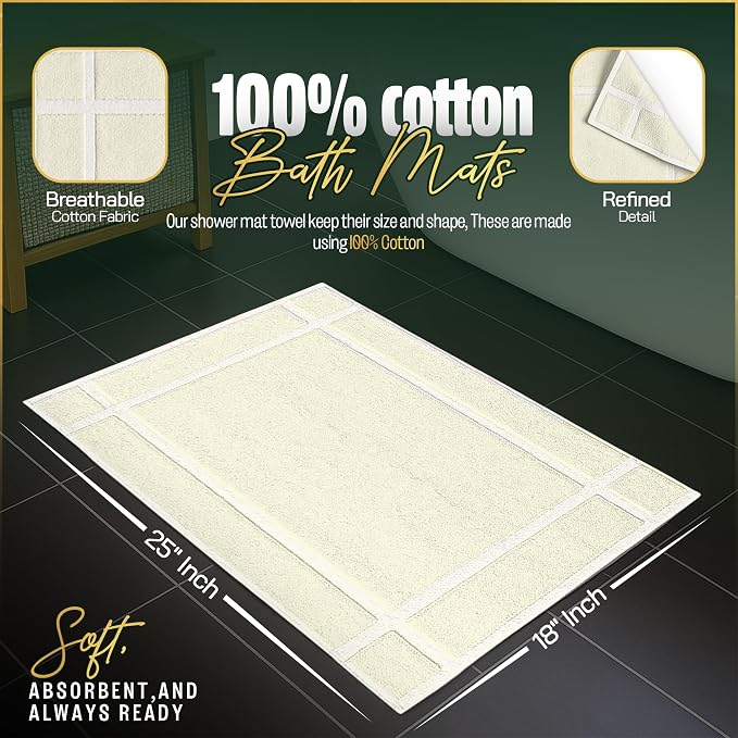 Pearl Linens Pack of 2 100% Cotton Bath Mat 18x25 inches, Soft & Absorbent Quick Dry Bathroom Mats Set, Not Bathroom Rugs, After Shower Mats, Bath Tub Mat, 781 GSM, Machine Washable, Ivory