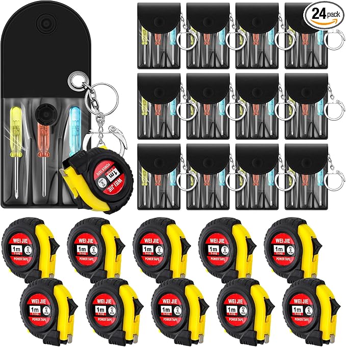 Jutom 24 Pcs Mini Screwdriver Set Mini Tape Measure Keychains Bulk Mini Tool Set Adult Tool Party Prize for Men Father's Gifts