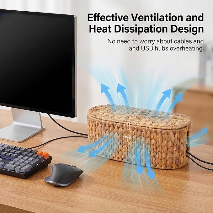 Set of 2 Cable Management Box, Handwoven Water Hyacinth Cord Hider Organizer Boxes with 3 Side Open Slots, Cable Organizer Box to Hide Cords Power Strip, USB Hub, TV Wires for Home, Office