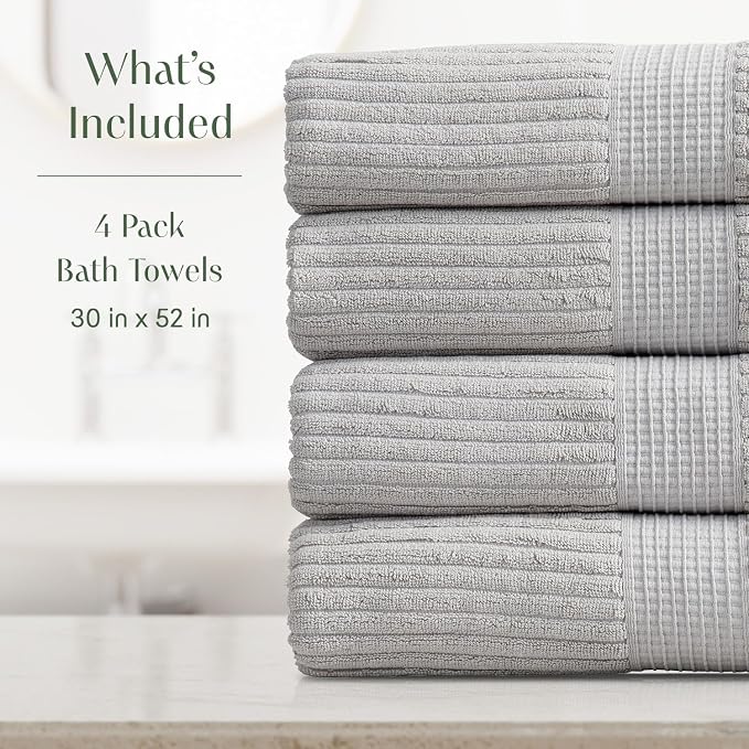 Springtree Home 100% Cotton Bath Towel Set | 4-Pack | Textured | Grey | Absorbent & Quick-Dry Bathroom Towels | Textured and Durable Cotton Towels for Bathroom | OEKO-TEX | Krista Collection