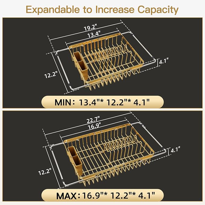 JASIWAY Gold Dish Drying Rack Over the Sink with Utensil Holder | Expandable Stainless Steel Dish Driainers for Small Kitchen, Counter Space Saving, Fast Drain, Rust Resistant, For Apartment
