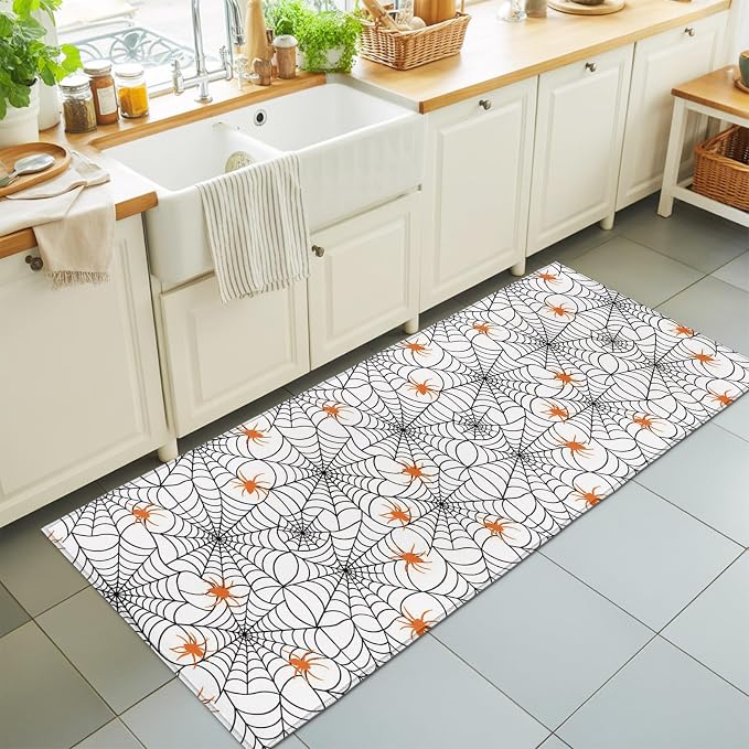 Hallway Runner Rug 2'x6', Halloween Washable Bathroom Area Rugs for Kitchen Bedroom Laundry, Black Net Classic Spiders Gingham Orange Non Slip Door Mat Indoor Entrance Floor Throw Bedsides Carpet