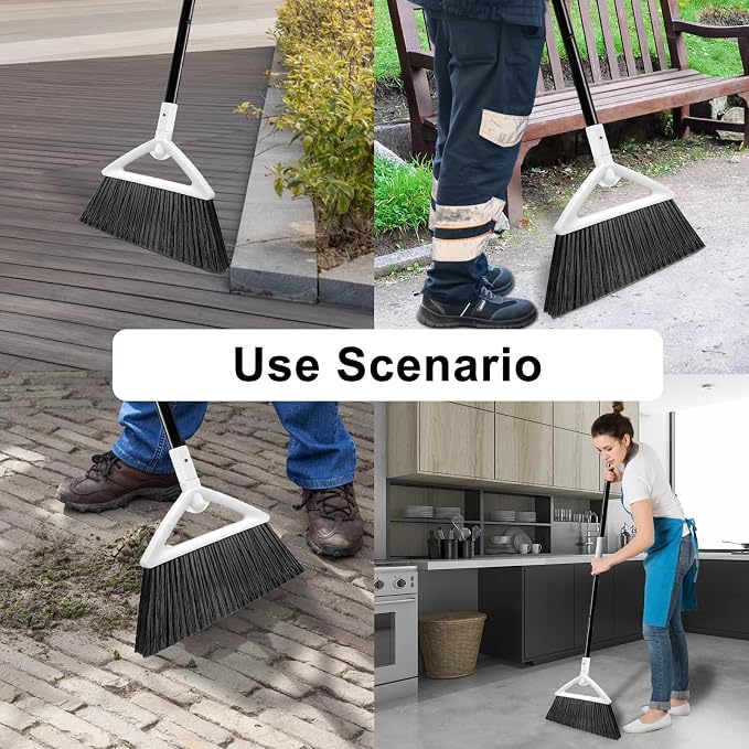 Heavy Duty Angle Broom 1 Pack - White Broom for Outdoor & Indoor, Garage, Driveway, Sidewalk, Kitchen & More, Long Handle