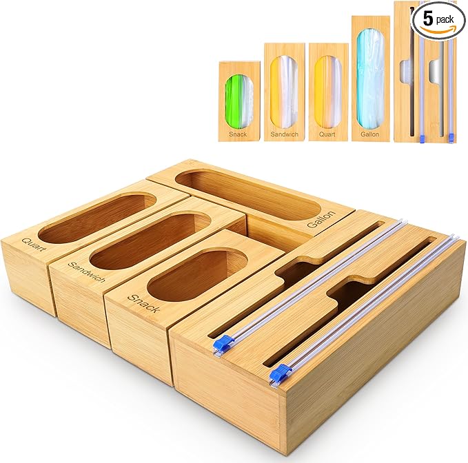 Reclosable Poly Bag Organizer for Kitchen Drawer, 5-Slot | Bamboo, 5 Independent Boxes, Slide Cutter, Magnetic Lid, Space-Saving Drawer Organizer