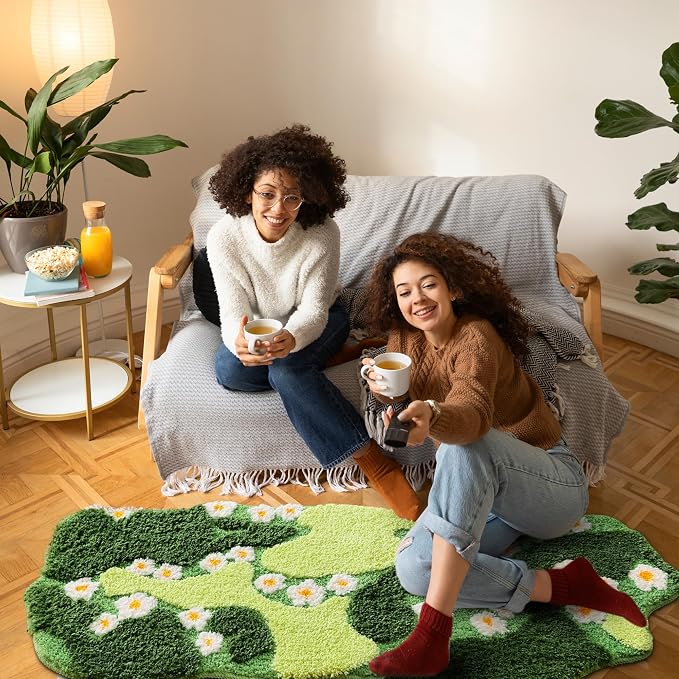 YIKUSH Bathroom Rugs Green Bath Mat Cute Moss Rug with Small White Flowers Non Slip Door Mat for Bedroom and Kitchen Soft Washable Rug Floral Bath Mats (43x20 inch)