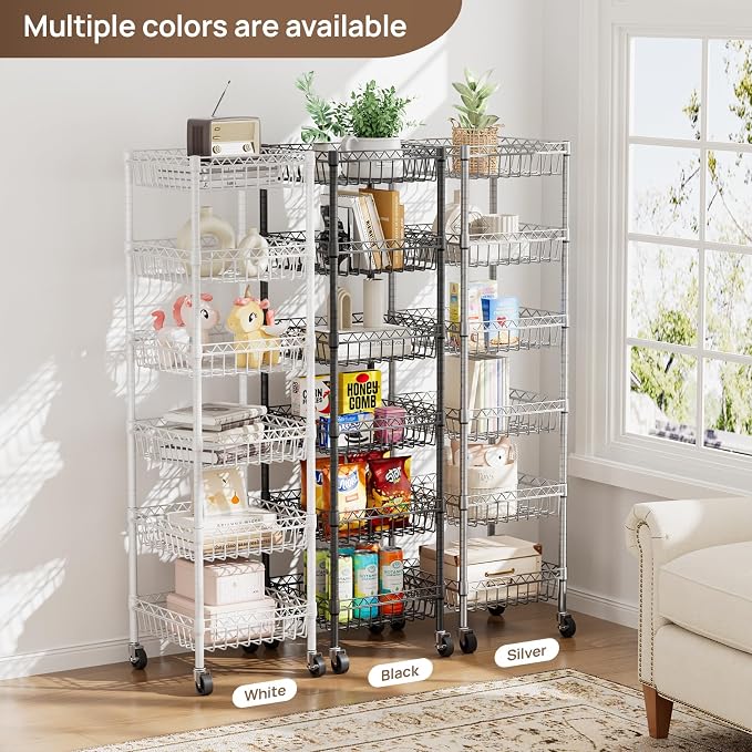 Golpart 6 Shelves Storage Shelf Wire Closet Bathroom Organizers Metal Pantry Kitchen Garage Shelving Unit Laundry Room Organization Home Rack Net Basket Silver with Wheels 14" Dx14 Wx64.8 H
