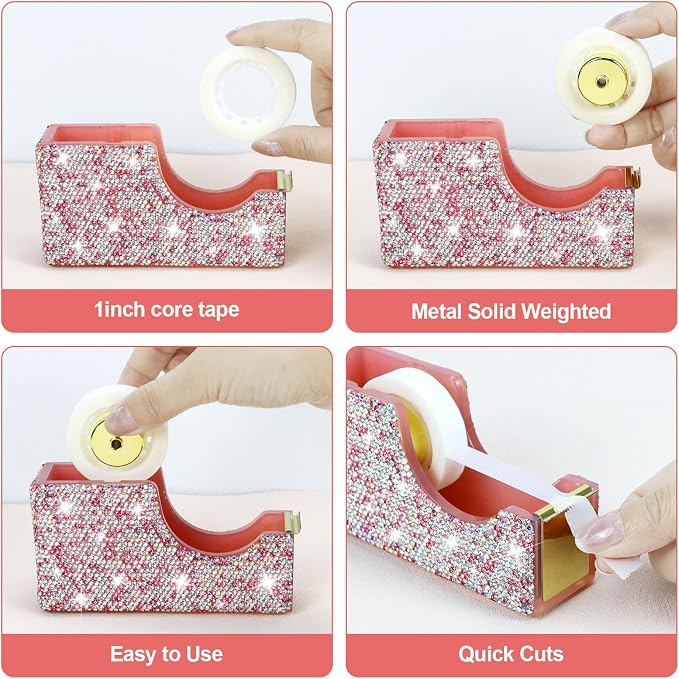 Buqoo Pink Bling Crystal Tape Dispenser, Sparkly Desktop Adhesive Tape Dispenser Cutter with Tape for Desk, Glitter Tape Holder Cutter Rhinestone for Office School