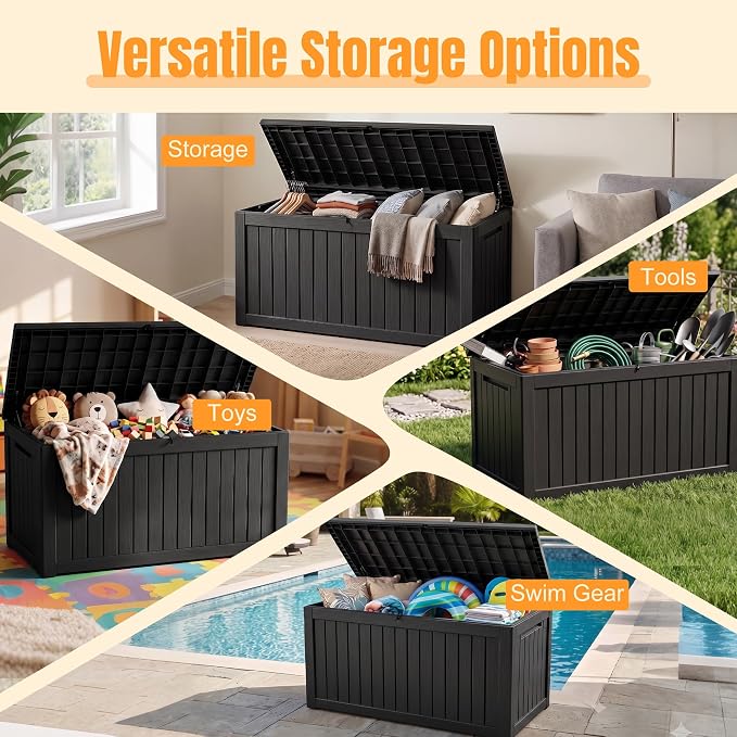 Outdoor Storage Box, 280 Gallon Waterproof Resin Deck Box with Support Rod | UV Resistant Lockable Package Delivery Bin, Shoe, Patio & Garden Tools Storage, Toy Cabinet, Ottoman, Indoor/Outdoor