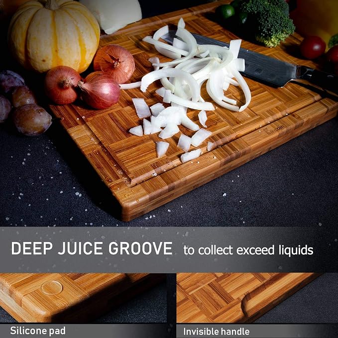 Kikcoin Extra Large Bamboo Cutting Boards, (Set of 3) Chopping Boards with Juice Groove Bamboo Wood Cutting Board Set Butcher Block for Kitchen, End Grain Serving Tray