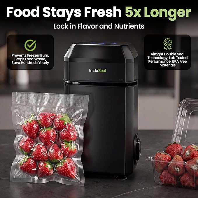 InstaSeal Vacuum Sealer for Food with 12 Bags | Preserves Foods 5x Longer, Space Saving Compact Upright Design Allows Machine to Heat Seal Marinades, Meats, Marinades