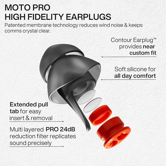 EARPEACE Moto PRO - Motorcycle Ear Plugs - Reusable Earplugs for Wind Noise Protection with High Fidelity Filter - Noise Canceling up to 24dB - Motorcycle Accessories - Includes Filter Set and Case