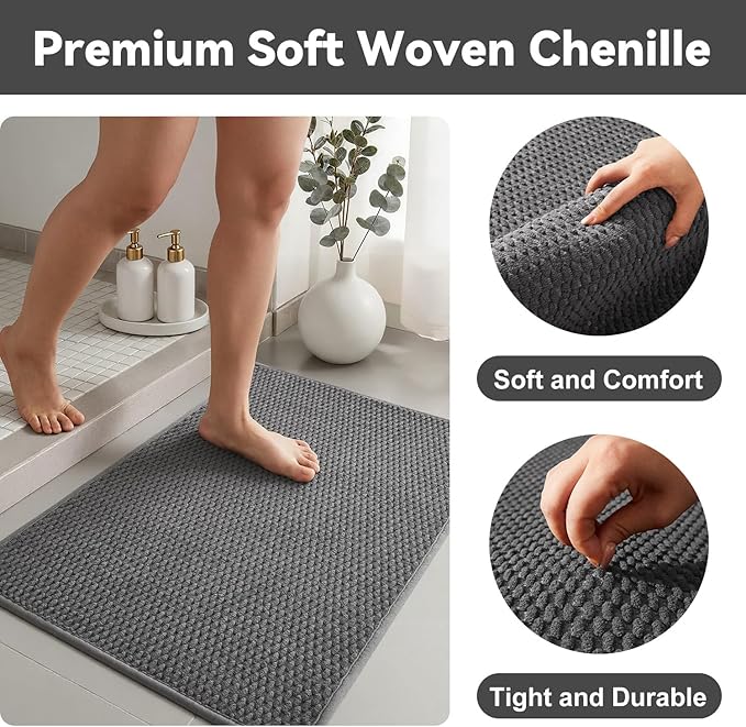 Triohero Large Bathroom Rugs Non Slip Washable Bath Rugs Super Absorbent Bathroom Rug Thin Quick Dry Low Pile Bath Mats, Dark Grey 36"x48"