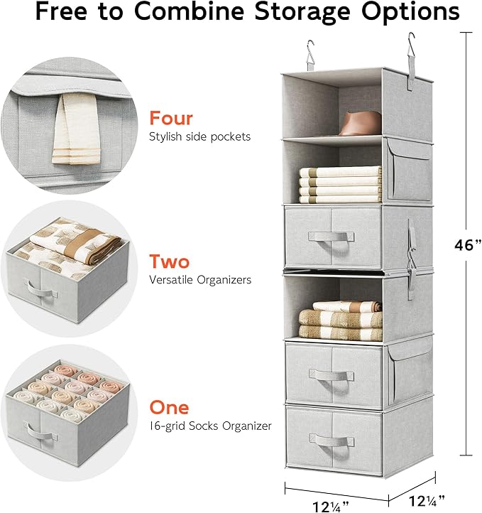 Vailando 6-Shelf Hanging Closet Organizer with 3 Drawers, 2 Separable 3-Shelf Closet Organizers and Storage for Wardrobe Organization, Hanging Dresser for Nursury & Dorm Clothes Organizer