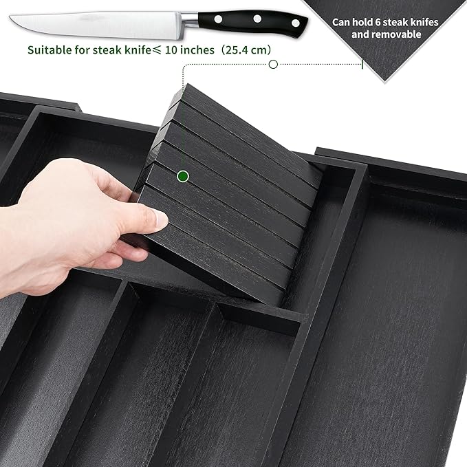 VaeFae Bamboo Silverware Drawer Organizer Kitchen, Expandable Utensil Organizer with Knife Block, Cutlery Tray with Divider, Multifunctional Drawer Organizer (Black)